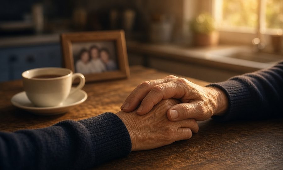 An older couple holding hands at a kitchen table