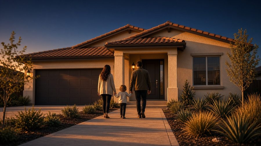 A family holding hands as they walk up to their new home at sunset